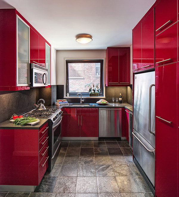 Contemporary U shaped Enclosed Kitchen with Flat panel Red Cabinets. 