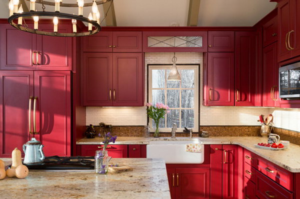 Original Tiny Farmhouse Kitchen with Red Painted Cabinets. 