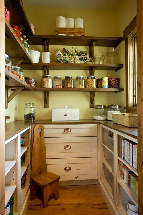 Farmhouse Kitchen Pantry with Wood Open Shelving. 