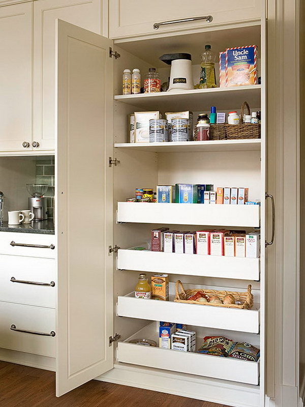 Built In Pantry With Deep shelves on top and Pullout Drawers Below. 
