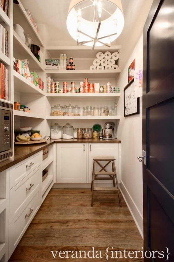 Microwave, Open Shelving, Drawers, Wood Counters in the Pantry. 