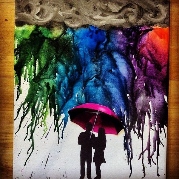 Melted Crayon Art with Silhouette Couple under a Red Umbrella. 