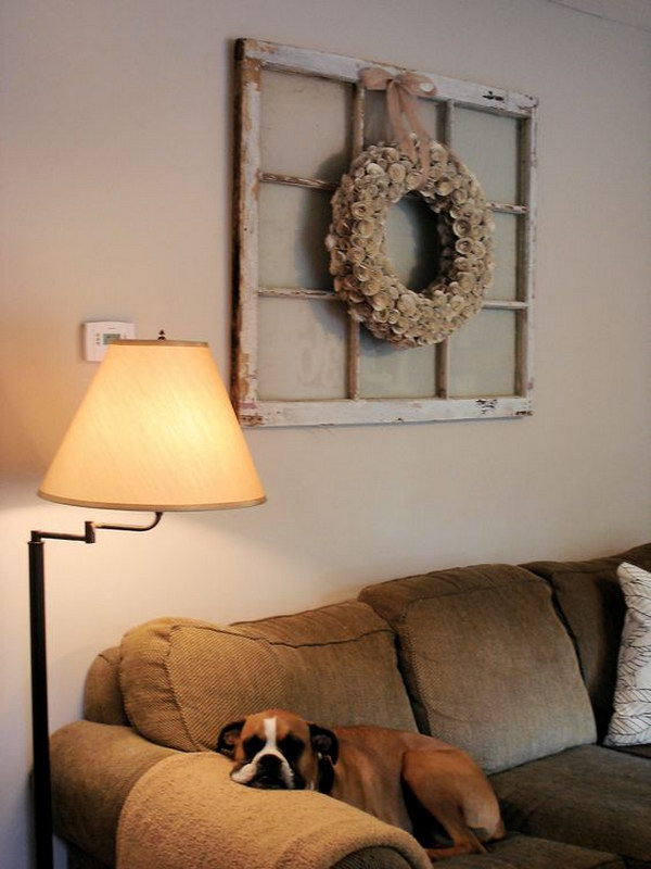 Old Window and Bookpage Wreath Combo for Living Room Decoration. 