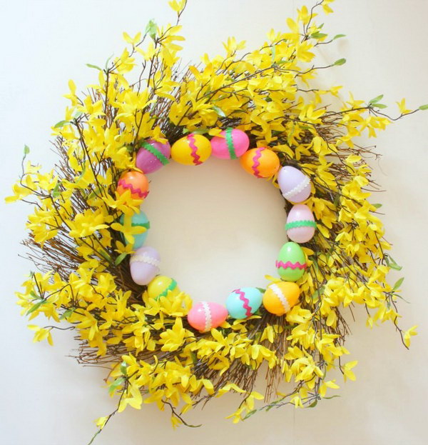Beautiful Spring Wreath with Realistic Forsythia and Easter Eggs 