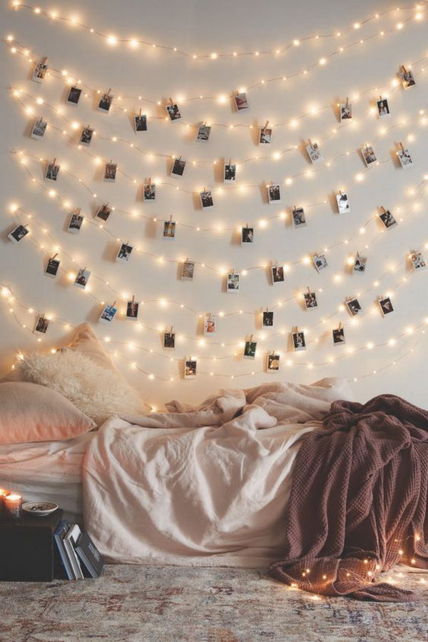 DIY Photo Wall with String Lights 
