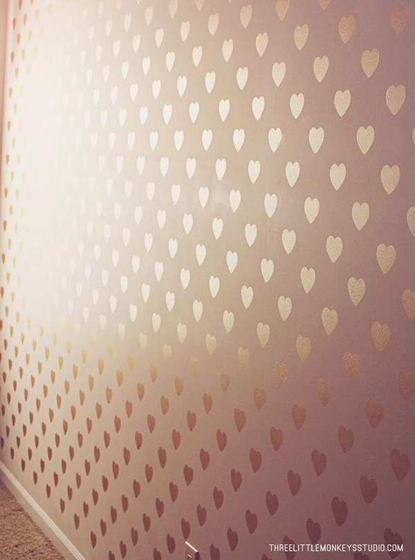 DIY Metallic Gold Stenciled Heart Accent Wall 