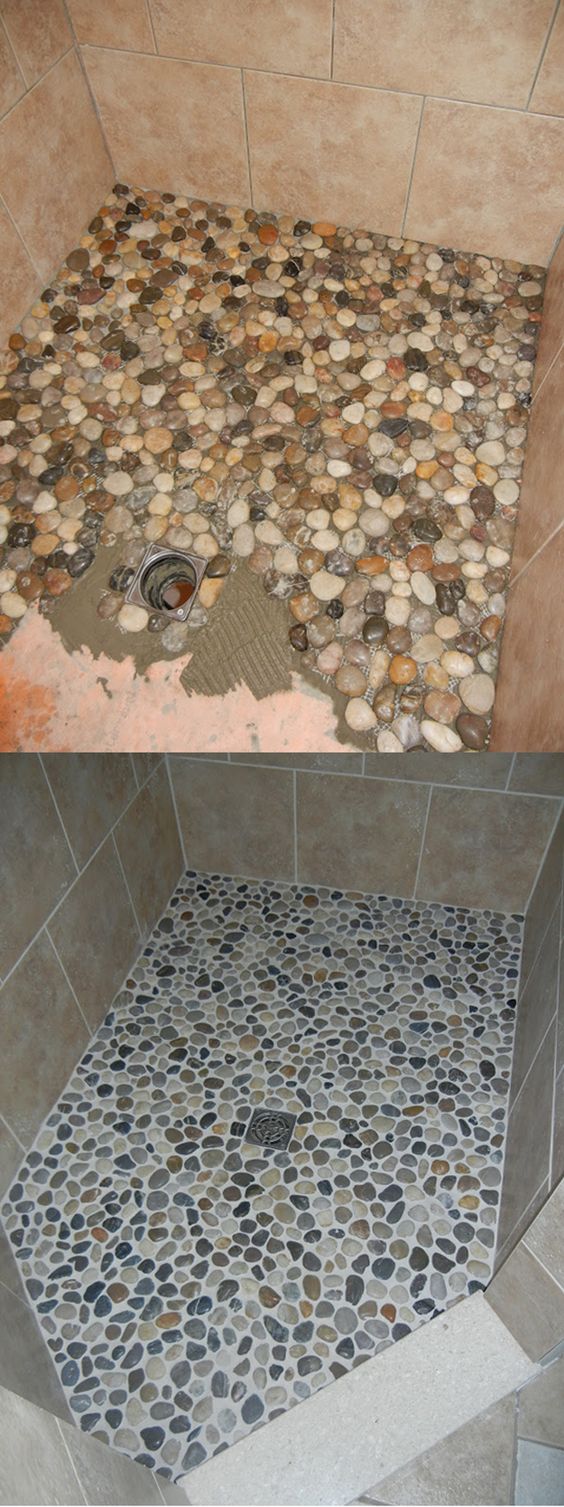 Pebbles and Concrete Shower Floor Makeover. 