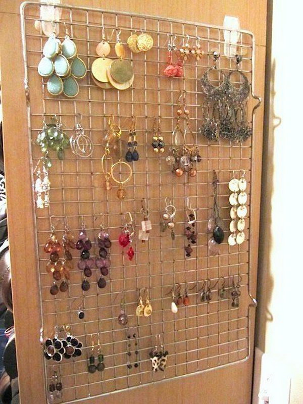 Hang earrings Organizing with a Cooking Rack. 