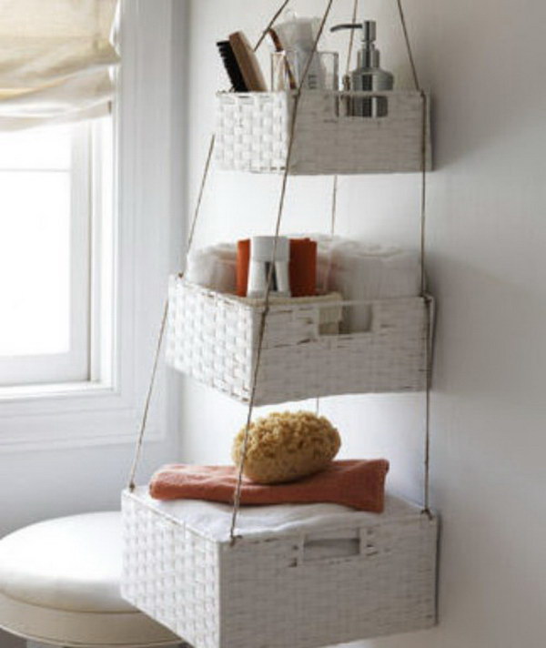 Small Bathroom Organization with Hanging Baskets. 
