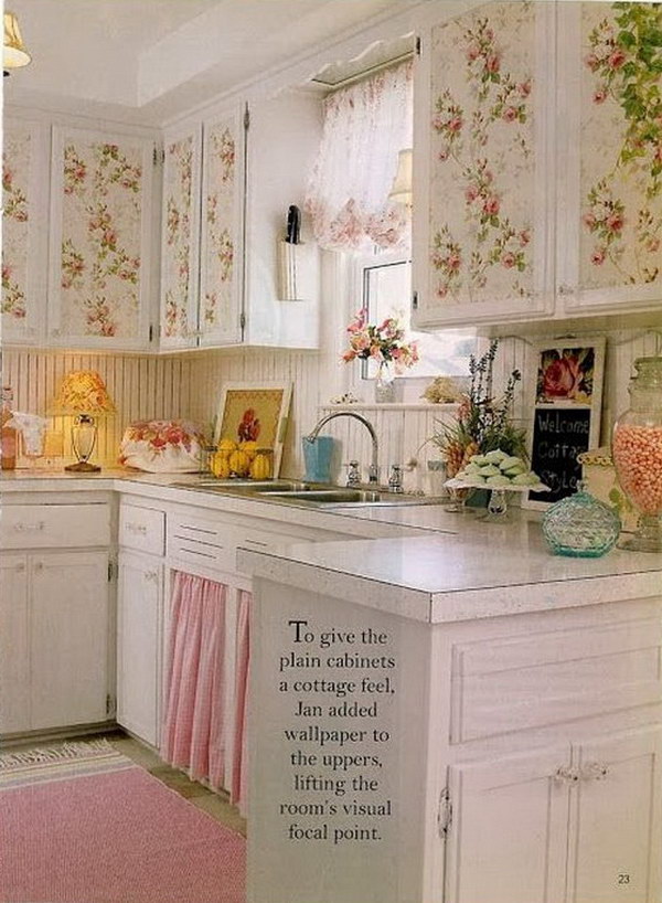 Shabby Chic Kitchen Wallpapered Cabinets 