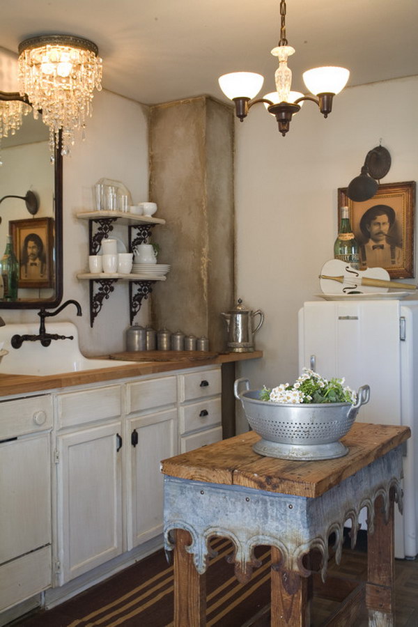 Rustic Shabby Chic Kitchen with Chandelier and Wood Island. 