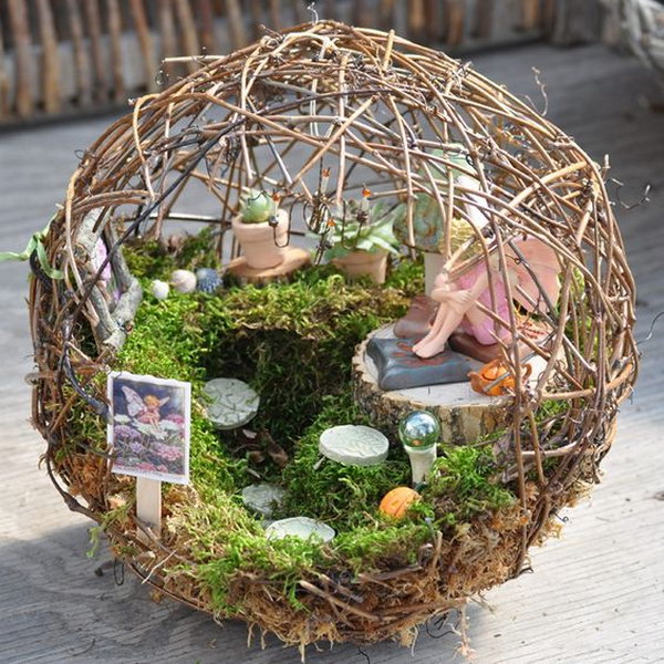 DIY Fairy Garden Inside A Small Grapevine Sphere 