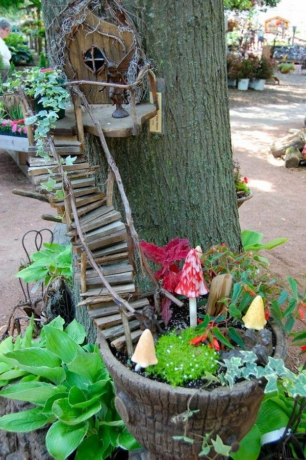 DIY Whimsical Fairy Garden With A Tree Fairy House And An Adorable Staircase 