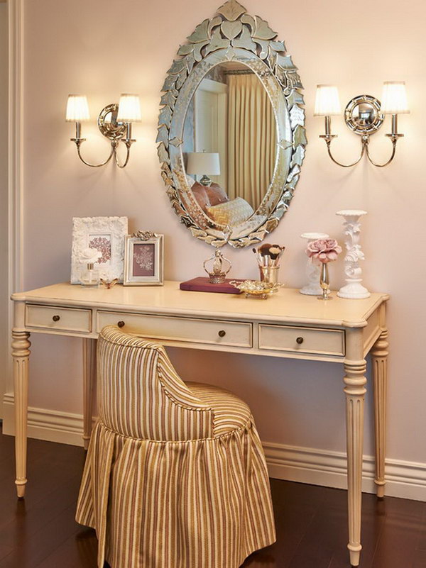 Vintage Style Of Antique Vanity Table Design With Wall Lamps And Oval Mirror Mounted 