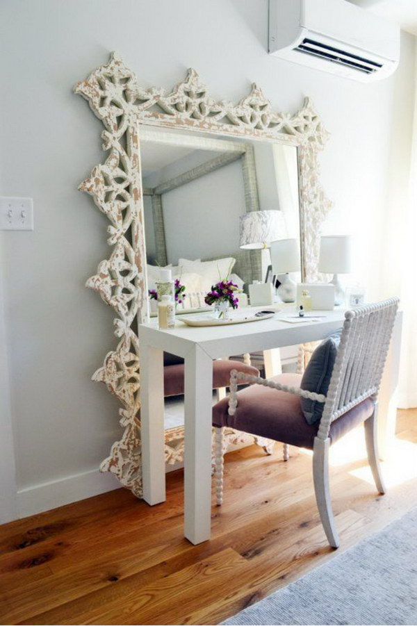 Oversized And Ornate Floor Mirror Behind Makeup Vanity. 
