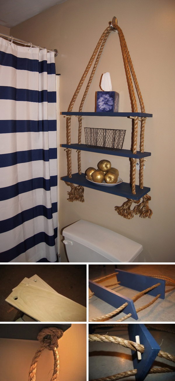 DIY Over The Toilet Rope Shelf 