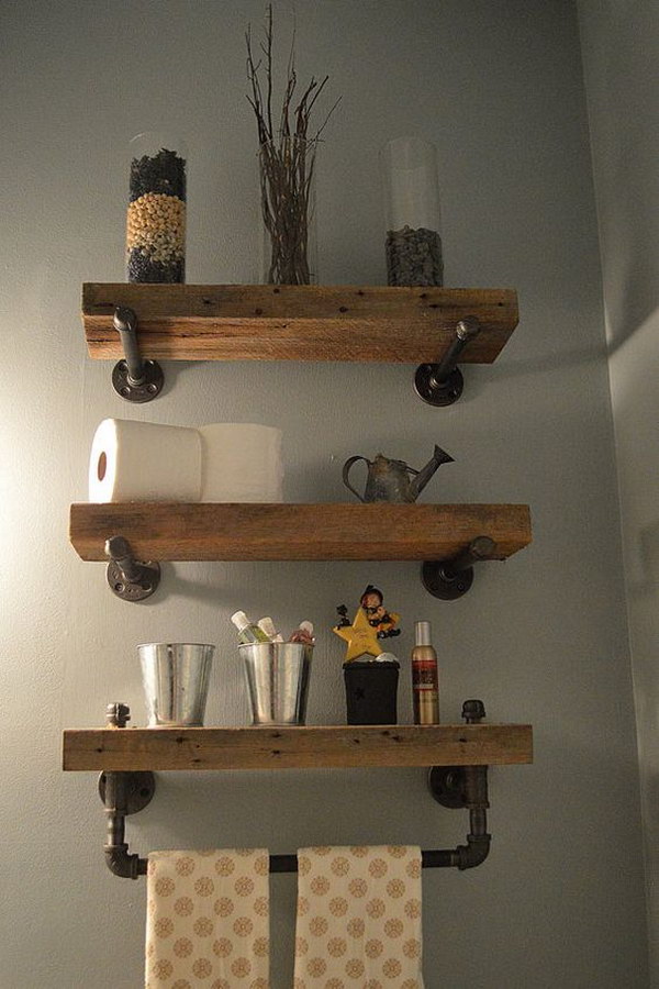 Reclaimed Wood & Pipe Shelves with Towel Bar 