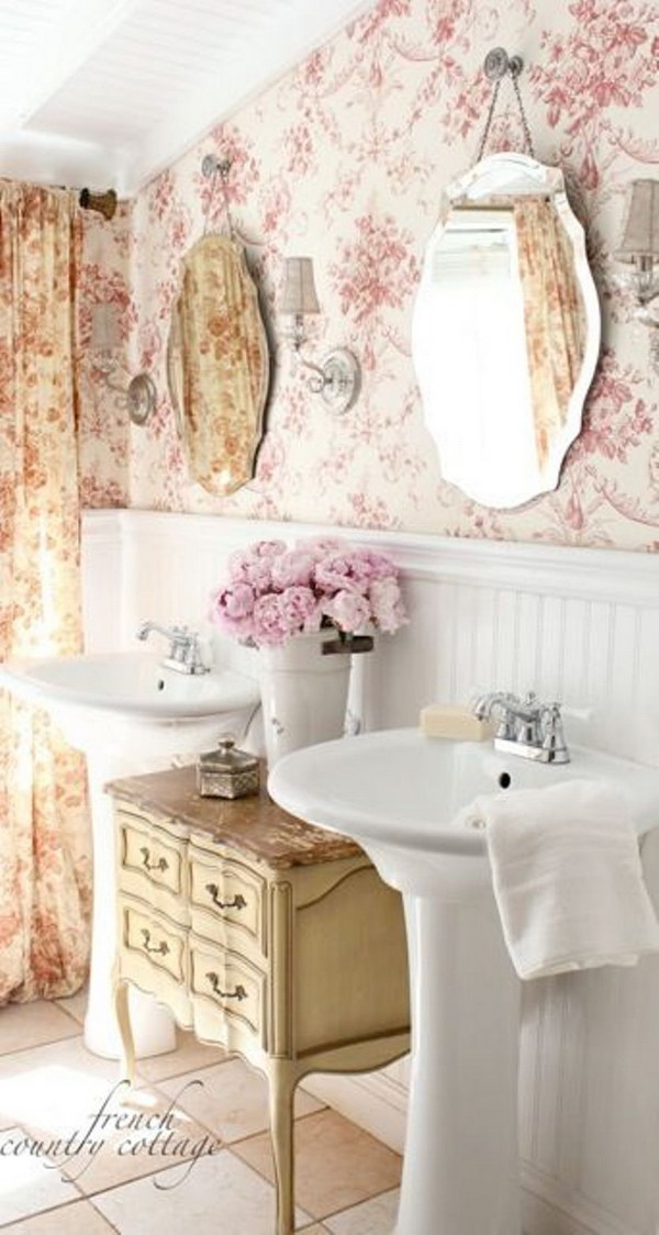 Shabby Chic Bathroom With Wainscoting And Wallpaper 
