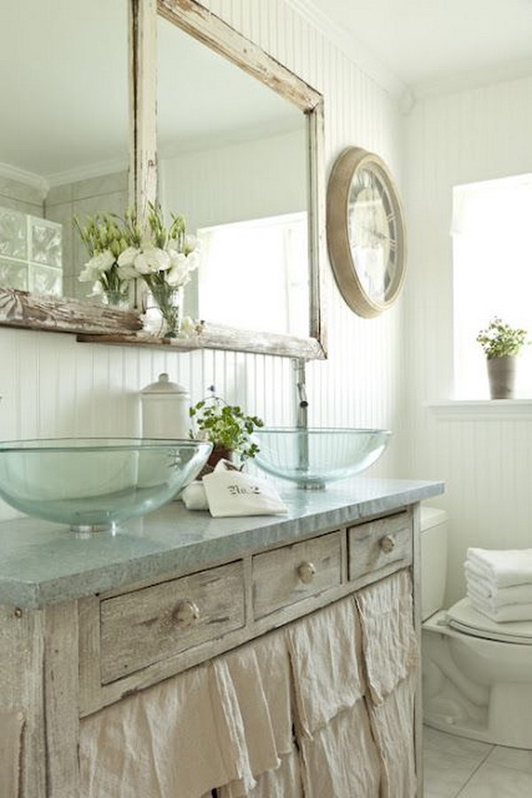 White Shabby Chic Bathroom With Glass Vessel Sink And  Sink Skirt 