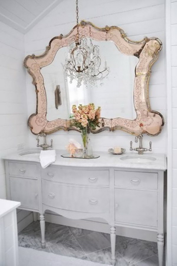 White Shabby Chic Bathroom With An Oversized Blush Vintage Mirror 