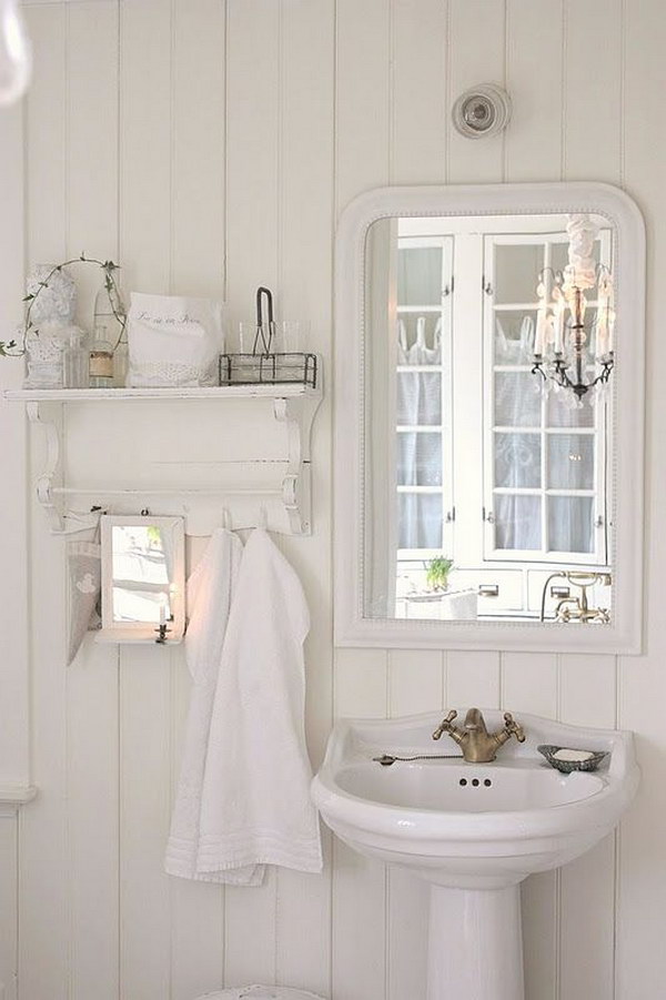 White In White Sbabby Chic Bathroom With Mirror And Shelf 