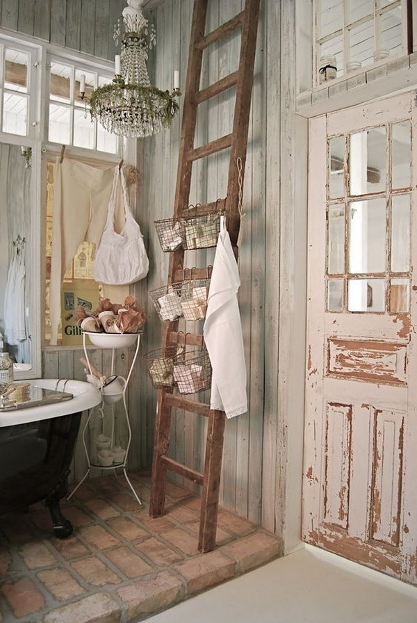 Shabby Chic Bathroom With Ladder And Brick Flooring 