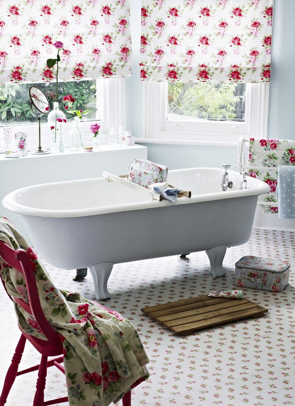 Feminine Chic Bathroom With Floral Curtains And Tiles 