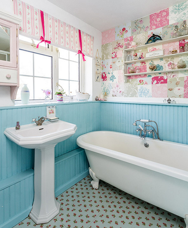 Shabby Chic Bathroom With Blue Wainscoting, Patchwork Wallpaper And Floral Tiles 