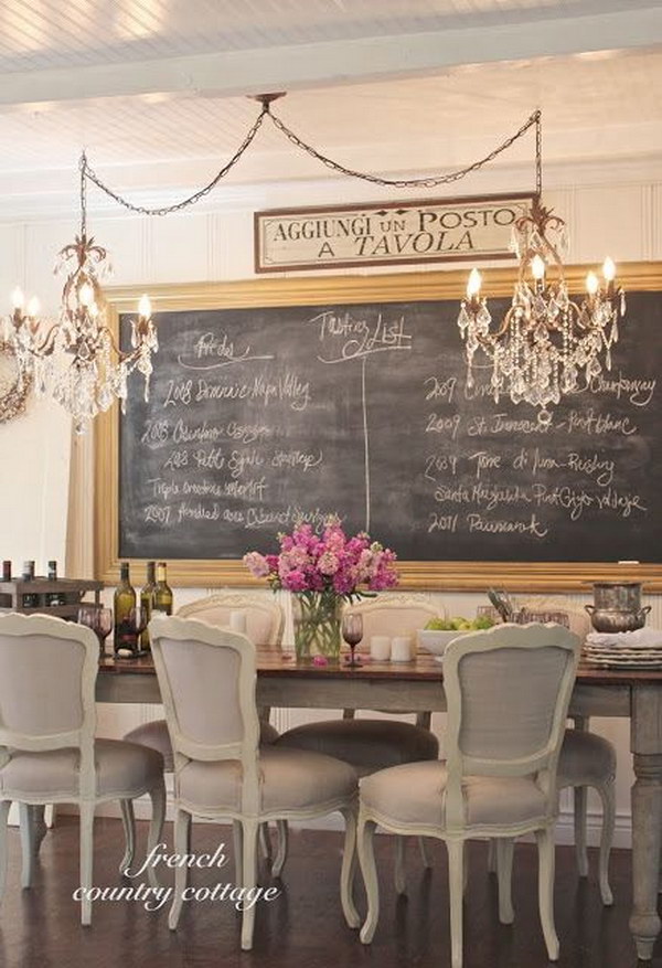 Romantic Dining Room With Chalkboard And Chandelier. 
