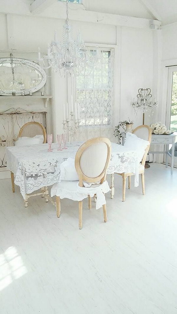 White and Feminine Shabby Chic Dining Room. 
