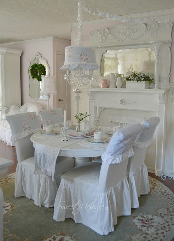 Use Bedding in an Unconventional Way For Your Shabby Chic Dining Room Decoration. 
