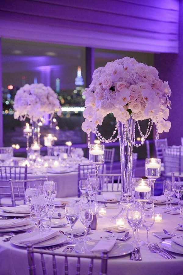 Tall Wedding Centerpiece with Crystals and Silk Flowers. 