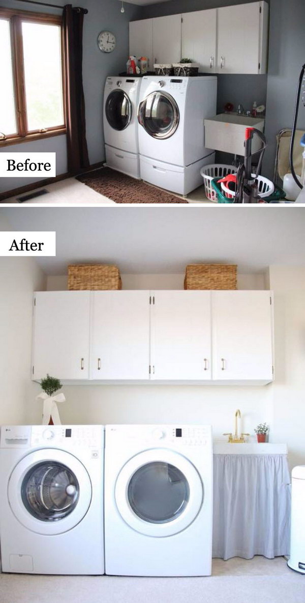 Budget Friendly Laundry Makeover: From Outdated to Bright and Airy with a Monochromatic Palette and the Addition of Brass Hardware and Fixtures. 