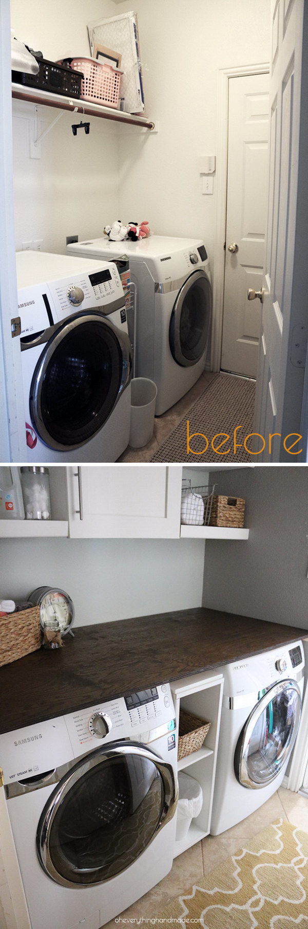 Laundry Room Makeover: Adding a DIY Wooden Counter and Wall Cabinet. 