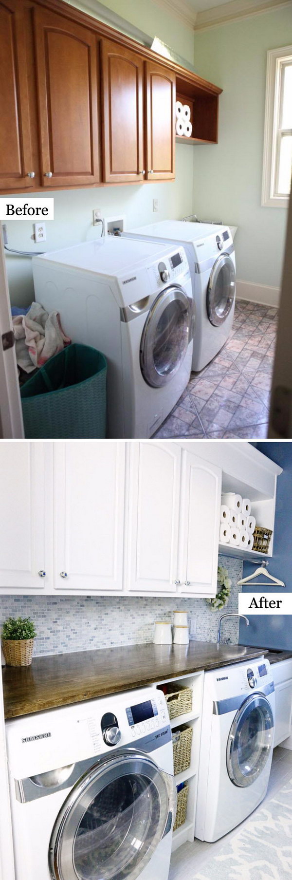 Laundry Room Makeover from Boring to Beautiful and Functional. 