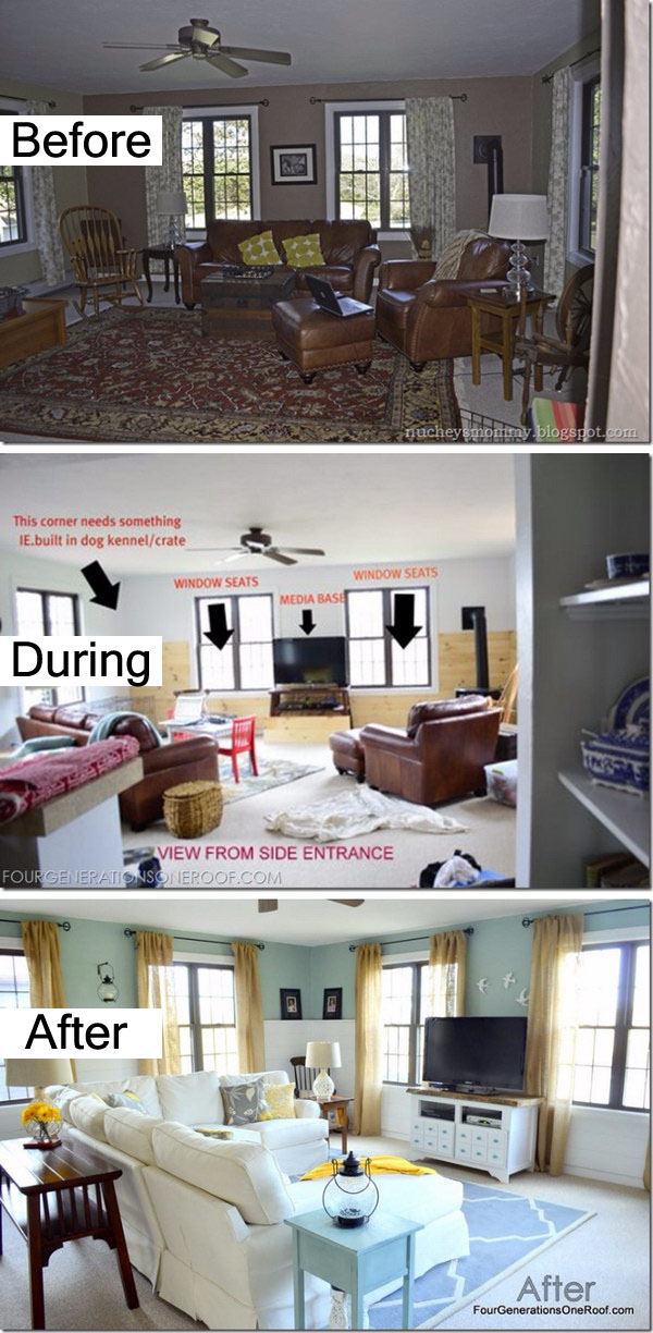 Coastal Cottage Family Room Before and After. 